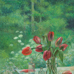 Tulips against a wood
